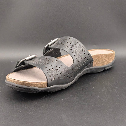 Earth Women's Sz 8.5 Sand Antigua Black Perforated Leather Buckle Comfort Sandal Earth