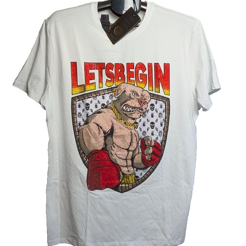 Tolga Kisa Men's Rhinestone Tough Dog T-Shirt Size XL White  NWT Made in Turkey Tolga Kisa