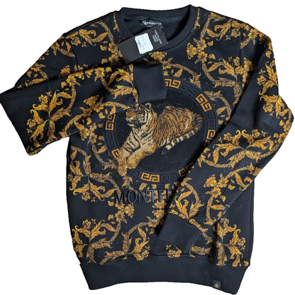 Men's Sz Small Luxury Rhinestone Tiger Fashion Knitted Black Sweater Montefleuri Montefleuri Paris