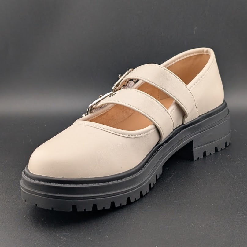 Coutgo Wmns Sz 7.5 Creamy Wht Platform Mary Jane Shoes 2-Strap Chunky Lug Heel Coutgo
