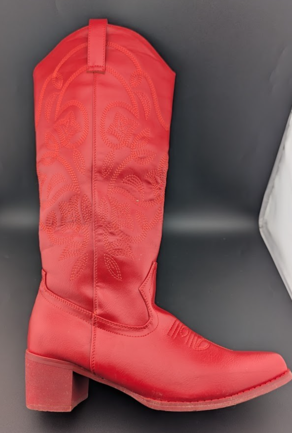 PO Womens Sz 7.5 Red Faux Leather 2" Block Heel Embroid Western Cowboy Boots IUV