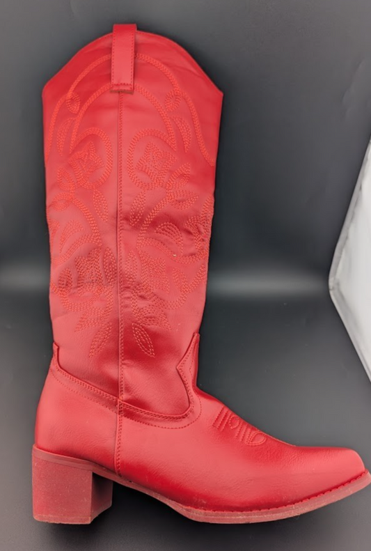 PO Womens Sz 7.5 Red Faux Leather 2" Block Heel Embroid Western Cowboy Boots IUV
