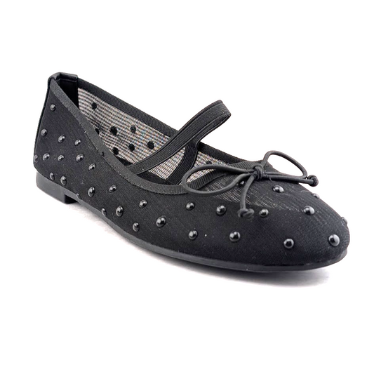 Trary Women's Black Ballet Flats Size 6.5 Mesh and Bead Uppers, Elastic Strap Trary