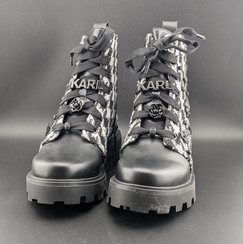 Karl Lagerfeld Paris Makenzie Tweed Combat Boots Size 5 Black/White $229 NEW Karl Lagerfeld
