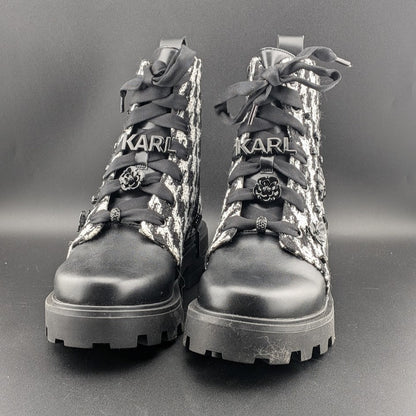Karl Lagerfeld Paris Makenzie Tweed Combat Boots Size 5 Black/White $229 NEW Karl Lagerfeld