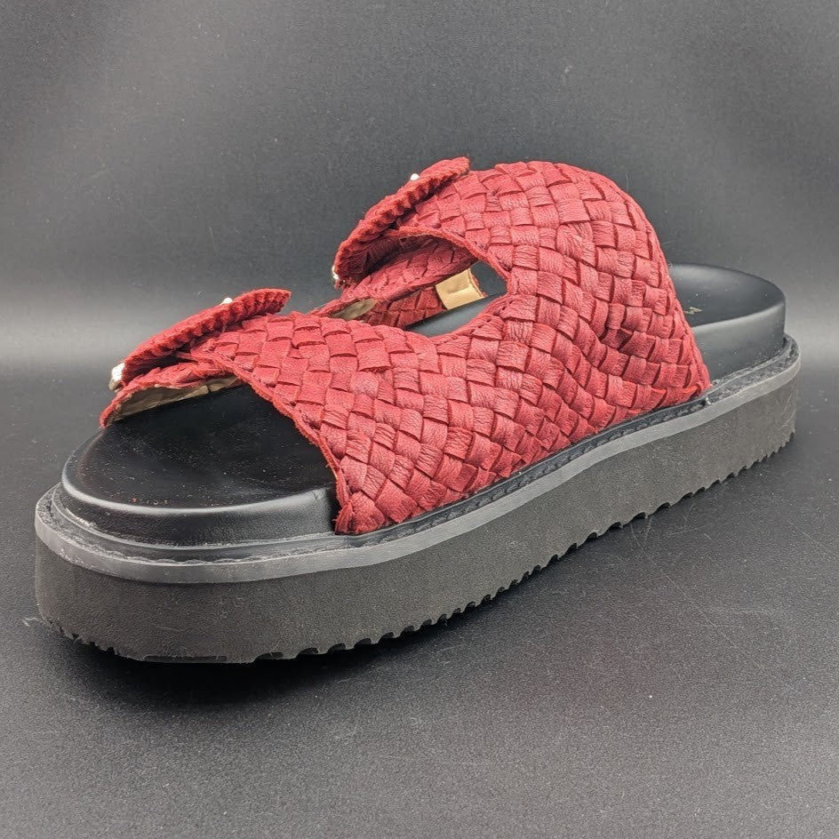 Marc Fisher Ltd Women's Size 9 Auggie Woven Dk Red Leather Buckle Footbed Sandal Marc Fisher