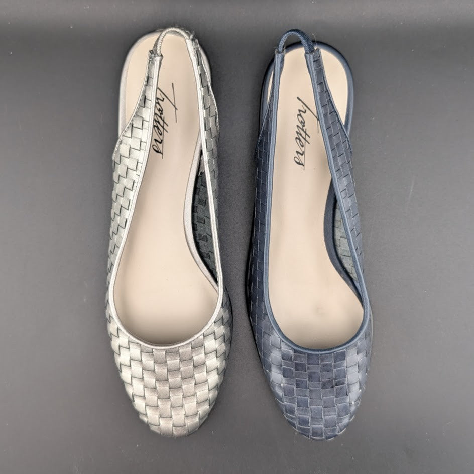 Women's Trotters "Lucy" Navy (Sz 6) or Pewter (Sz 6.5)  Woven Slingback Flat NIB Trotters