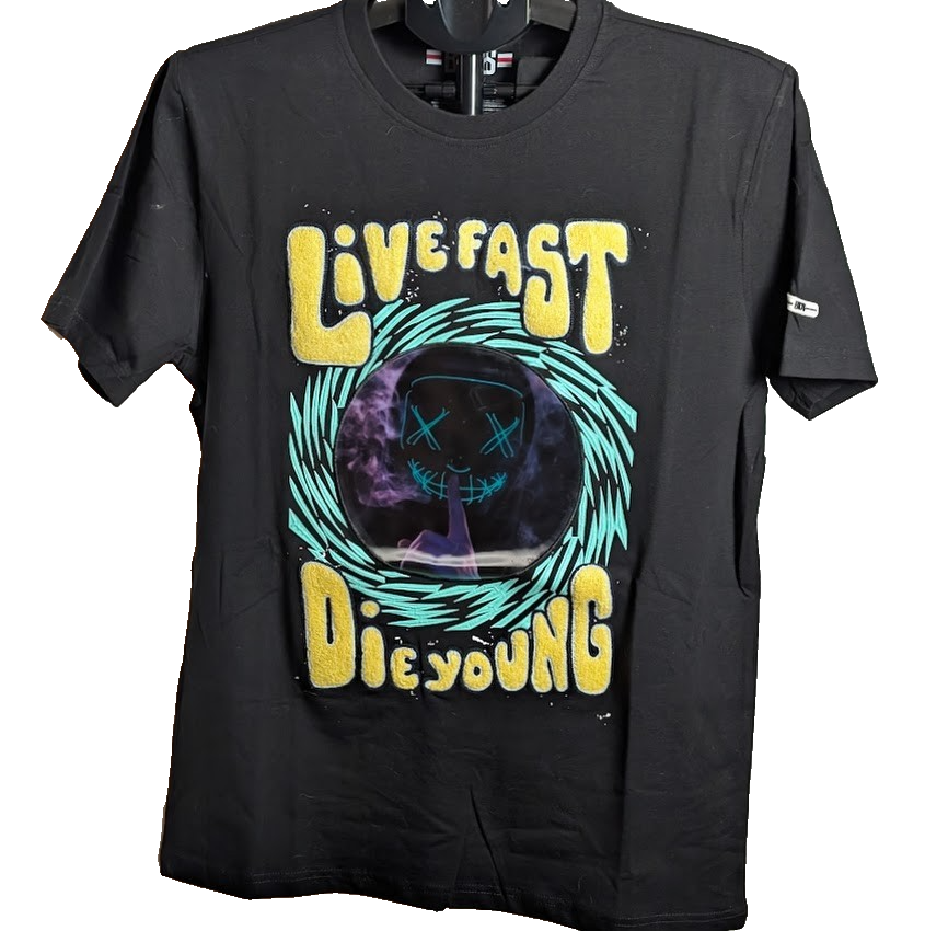 BKYS Men's Small Live Fast Die Young Original Embroidered Graphic T Shirt Black BKYS