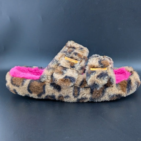 New Cape Robbin Size 11 Marie Pink & Leopard Faux Fur Slides Sandals Slippers Cape Robbin