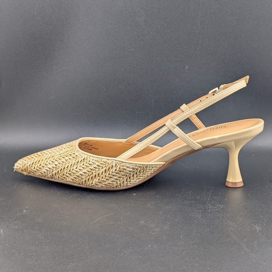 Nine West Rindy Woven Raffia Kitten Heel Pointed Toe Slingback Pump 8M Natural Nine West