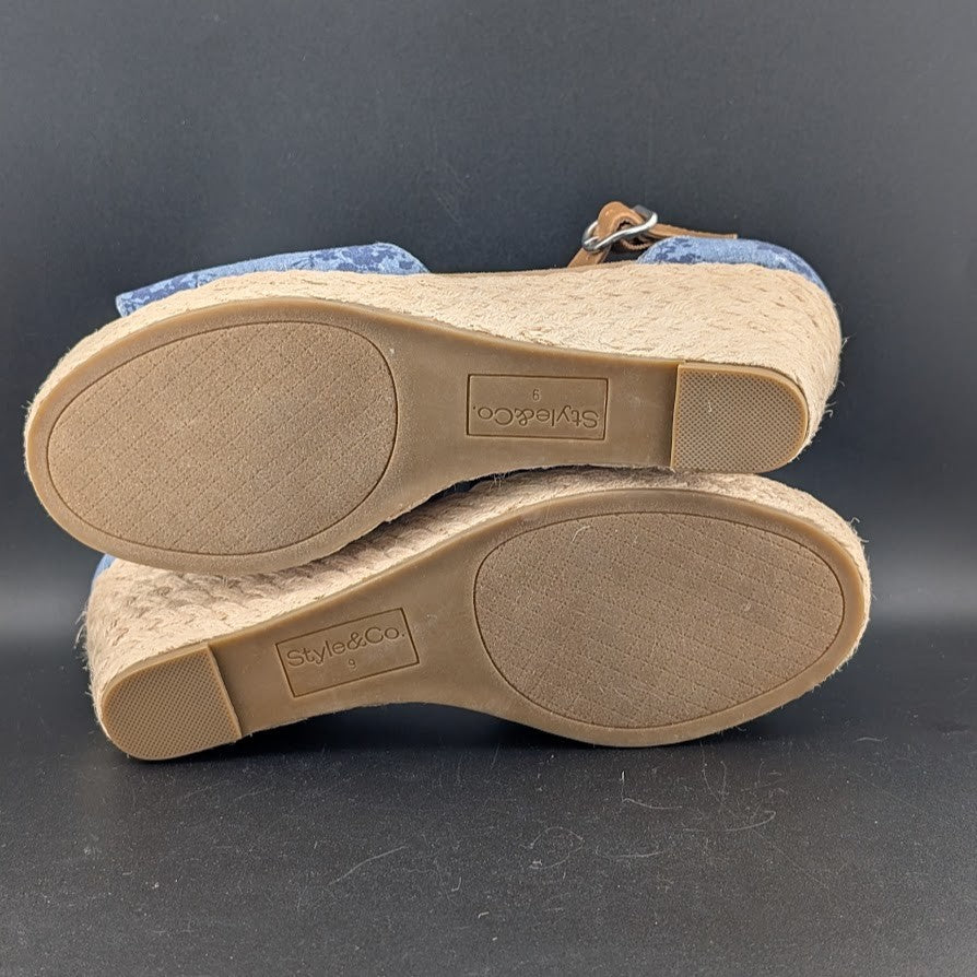 Style & Co. Women's Sz 9 Seleene Faux Denim Open Toe Wedge Sandals Blue Print Style&co.