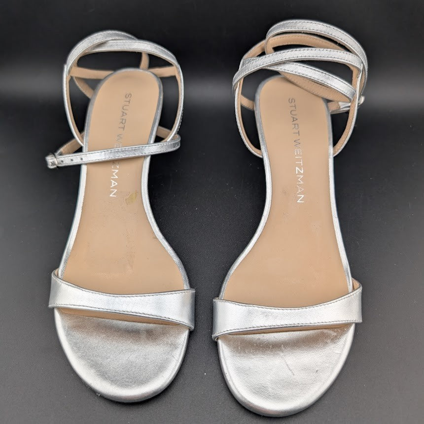 Stuart Weitzman Nudist Wrap 50 Sandals Women's 6 & 6.5 Silver Ankle Strap Stuart Weitzman