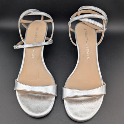 Stuart Weitzman Nudist Wrap 50 Sandals Women's 6 & 6.5 Silver Ankle Strap Stuart Weitzman
