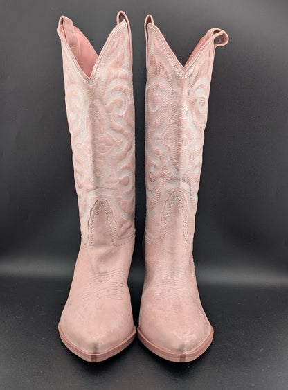 Steve Madden W8.5 West Pink Leather Pull On Pointed Toe Block Heel Western Boot Steve Madden