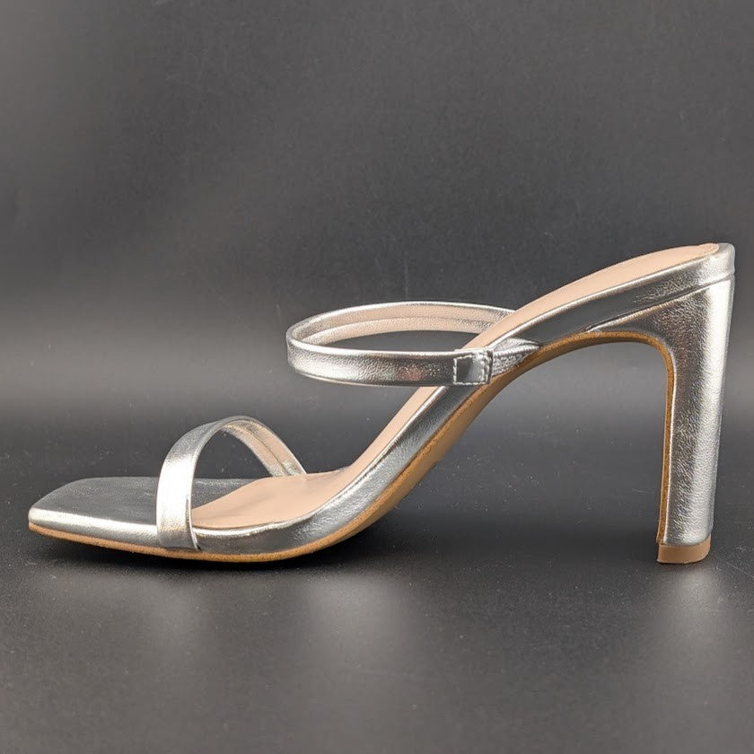 The Drop Sz 5 Avery Womens 3.5" Chunky Heel Silver Square Toe  Slide Sandals The Drop