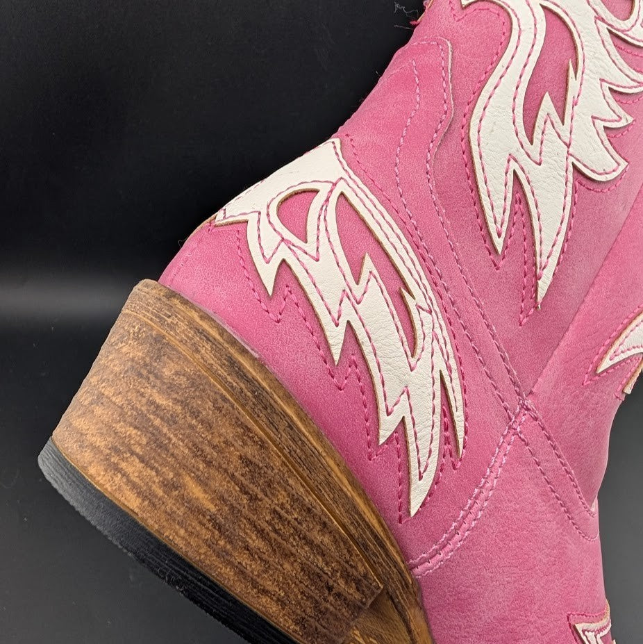 Roper Women's Sz 7 Pink "Amelia" ~ Tooled Inlay Snip Toe Casual Cowboy Booties Roper