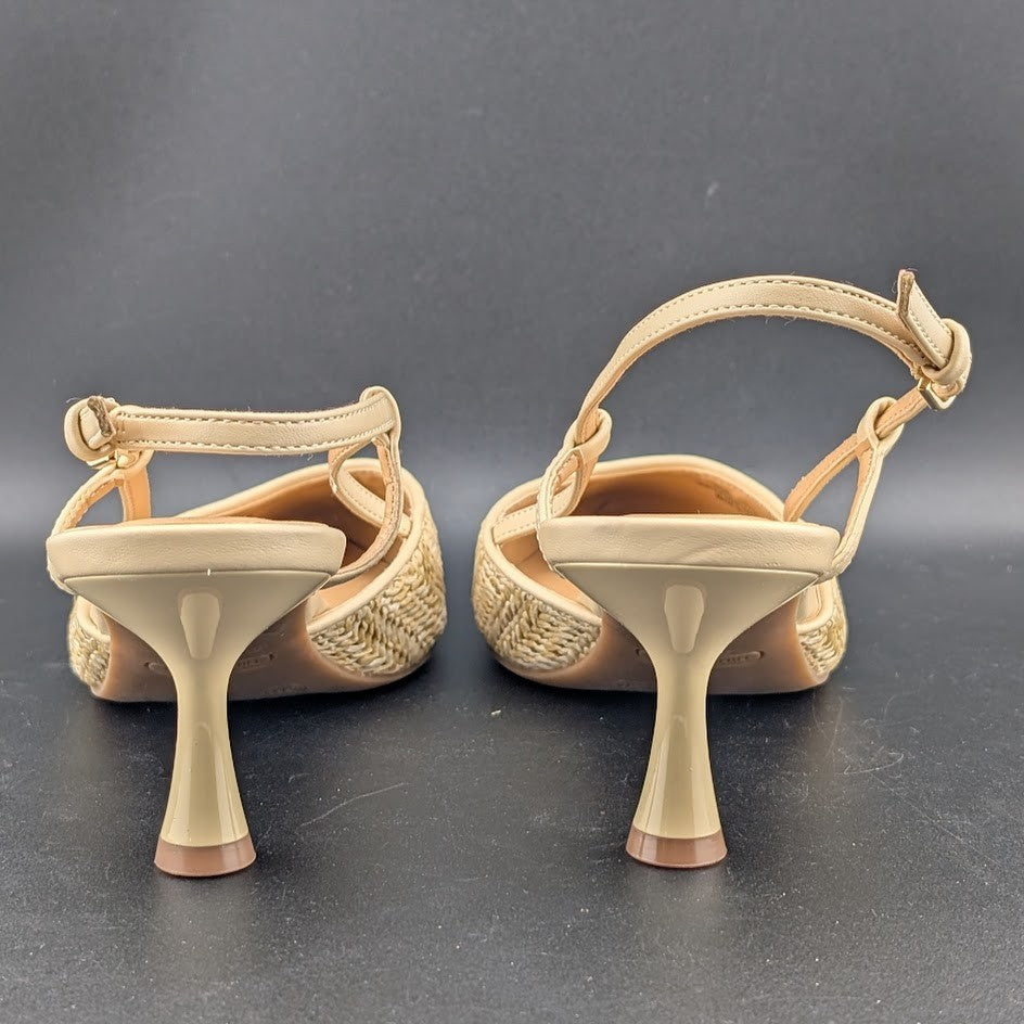 Nine West Rindy Woven Raffia Kitten Heel Pointed Toe Slingback Pump 8M Natural Nine West