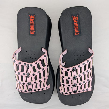 Funn Platform Goth Wo's Size 9 Web Sandals~Spiderweb Studs Slip On Pink Hologram Demonia