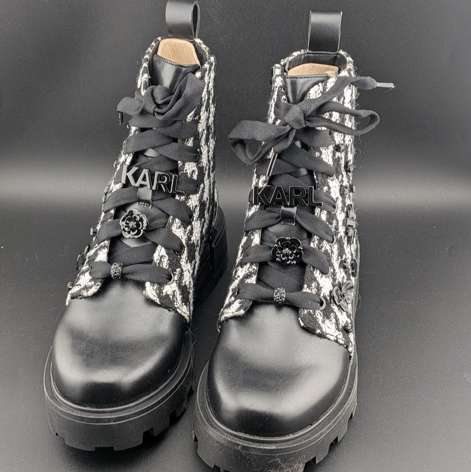 Karl Lagerfeld Paris Makenzie Tweed Combat Boots Size 5 Black/White $229 NEW Karl Lagerfeld
