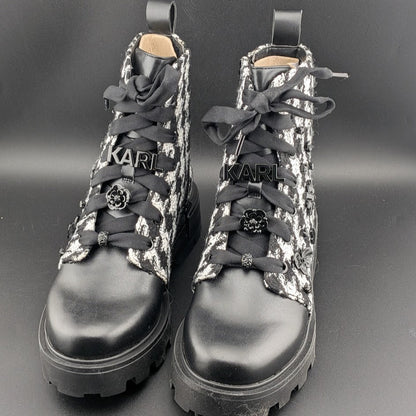 Karl Lagerfeld Paris Makenzie Tweed Combat Boots Size 5 Black/White $229 NEW Karl Lagerfeld