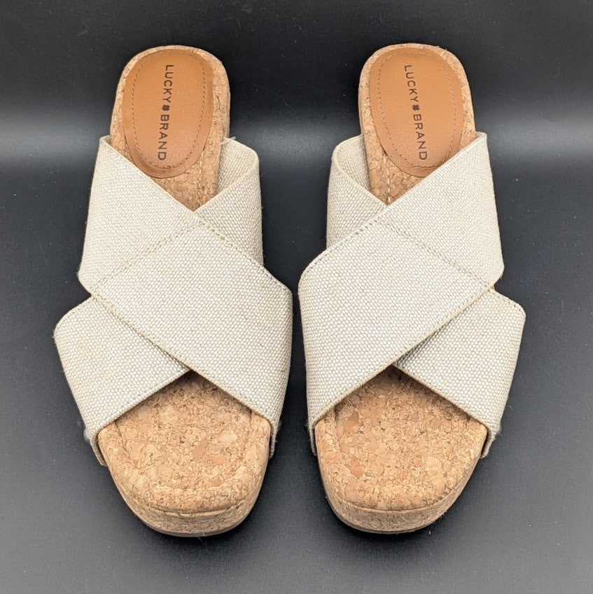 Lucky Brand Women's Size 8.5W Beige Platform Leather Wedge Heeled Sandals Lucky Brand