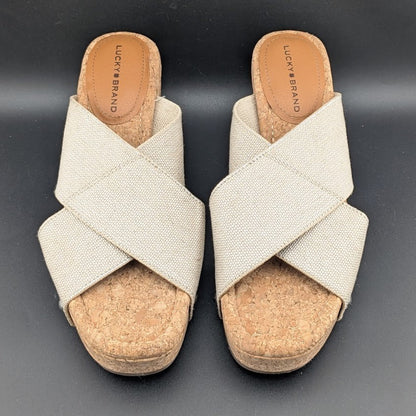Lucky Brand Women's Size 8.5W Beige Platform Leather Wedge Heeled Sandals Lucky Brand