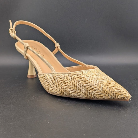 Nine West Rindy Woven Raffia Kitten Heel Pointed Toe Slingback Pump 8M Natural Nine West