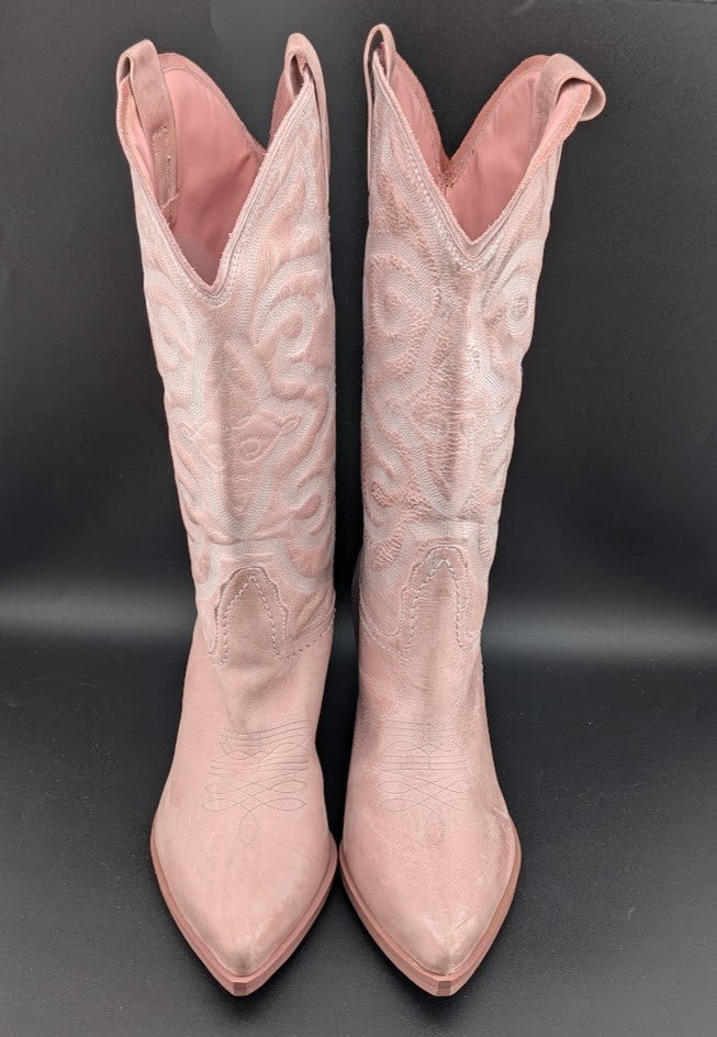 Steve Madden W8.5 West Pink Leather Pull On Pointed Toe Block Heel Western Boot Steve Madden