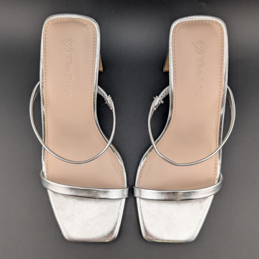 The Drop Sz 5 Avery Womens 3.5" Chunky Heel Silver Square Toe  Slide Sandals The Drop