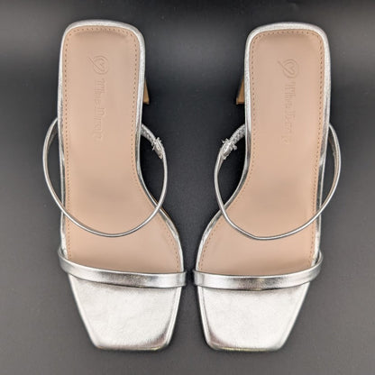 The Drop Sz 5 Avery Womens 3.5" Chunky Heel Silver Square Toe  Slide Sandals The Drop