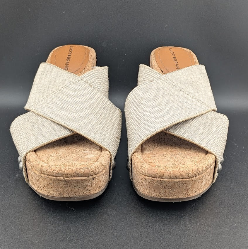 Lucky Brand Women's Size 8.5W Beige Platform Leather Wedge Heeled Sandals Lucky Brand