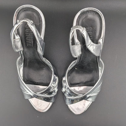Schutz Size 6.5B*  Keefa Silver Slingback Leather 4" Heel Sandals NWOB MSRP $178 Schutz