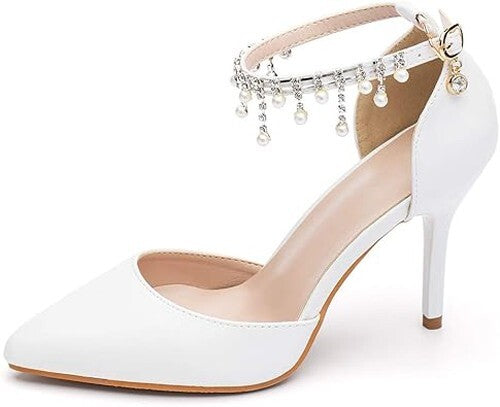Women's 7.5 Ankle Strap Pointed Toe Stilettos High Heel Wedding Pump With Pearls Unbranded