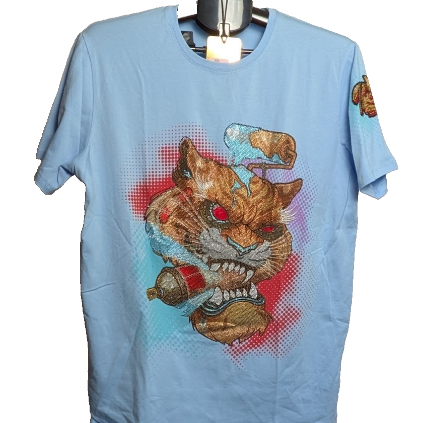 Tolga Kisa Men's Rhinestone Tiger Bomb T-Shirt Size M Lt Blue NWT Made in Turkey Tolga Kisa