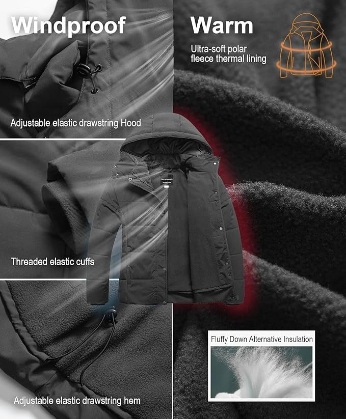 CREATMOUS Women's Plus Size 1X Warm Puffer Jacket WP Fleece Lined Removable Hood Creatmo Us