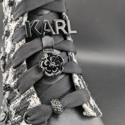 Karl Lagerfeld Paris Makenzie Tweed Combat Boots Size 5 Black/White $229 NEW Karl Lagerfeld