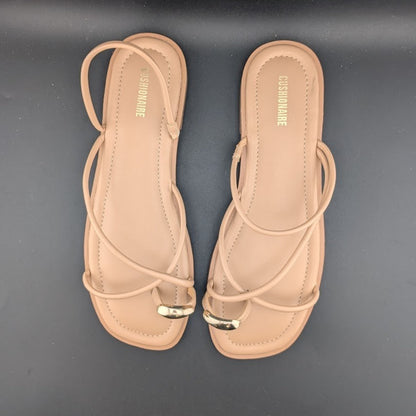 CUSHIONAIRE Venue Women’s 10  Strappy Slide Sandals Gold-Tone Accent Memory Foam CUSHIONAIRE