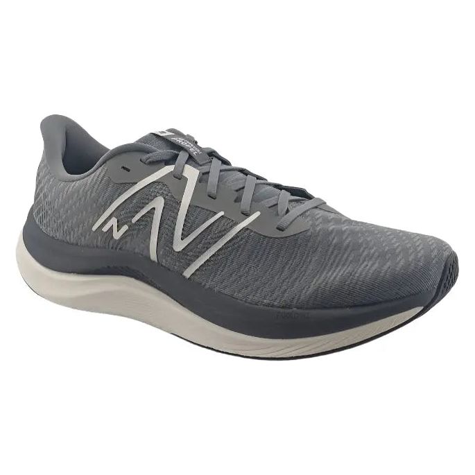 New Balance FuelCell Propel V4 men's running shoe in gray, white, and black, size 11.5, showing sleek design and cushioned sole.