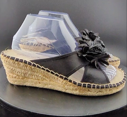 Montego Bay Club Black Fabric Flower Espadrille Wedge Sandal US size 8M
