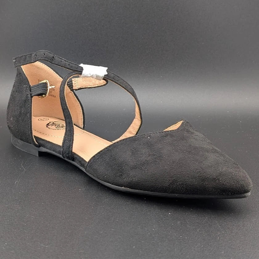 Womens Size 6.5 D'Orsay Dress Flat Ankle Strap and Low Pancake Heel Black Nubuck Trary
