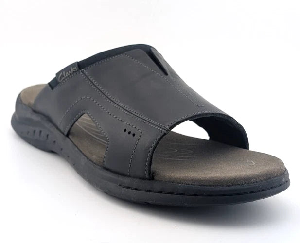 Clarks Mens Size 9.5W Walkford Band Slide Sandal Black Leather - Summer's Staple