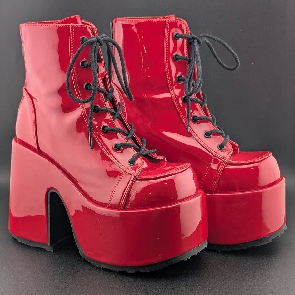 Red Patent Platform Boots Festival Rave Burning Man Gogo Dancer Shoes Demonia SoleComfort.shoes