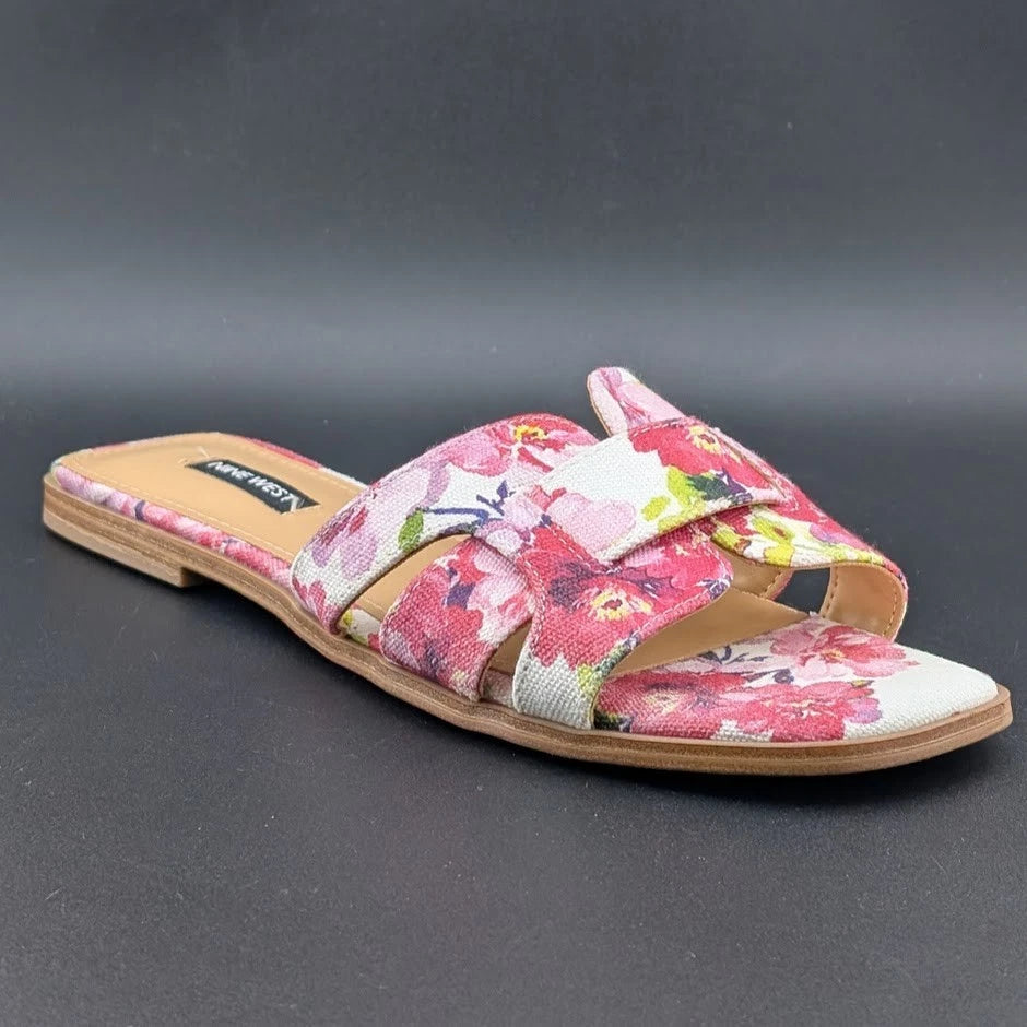 Nine West Size 9 Germani Light Natural Flat Slide Sandals Floral SoleComfort.shoes