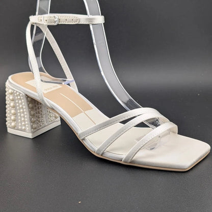 Dolce Vita Women's Sz 6 Ysabel Pearl 2.4" Chunk Heeled Sandal True White Satin SoleComfort.shoes
