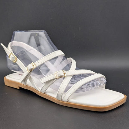 Women's Size 8 Square Toe Strappy Ankle Buckle Flat Sandals White SoleComfort.shoes
