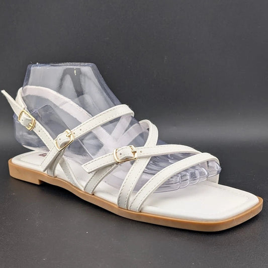 Women's Size 8 Square Toe Strappy Ankle Buckle Flat Sandals White SoleComfort.shoes
