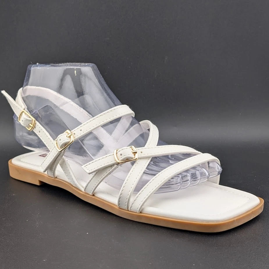 Women's Size 8 Square Toe Strappy Ankle Buckle Flat Sandals White SoleComfort.shoes