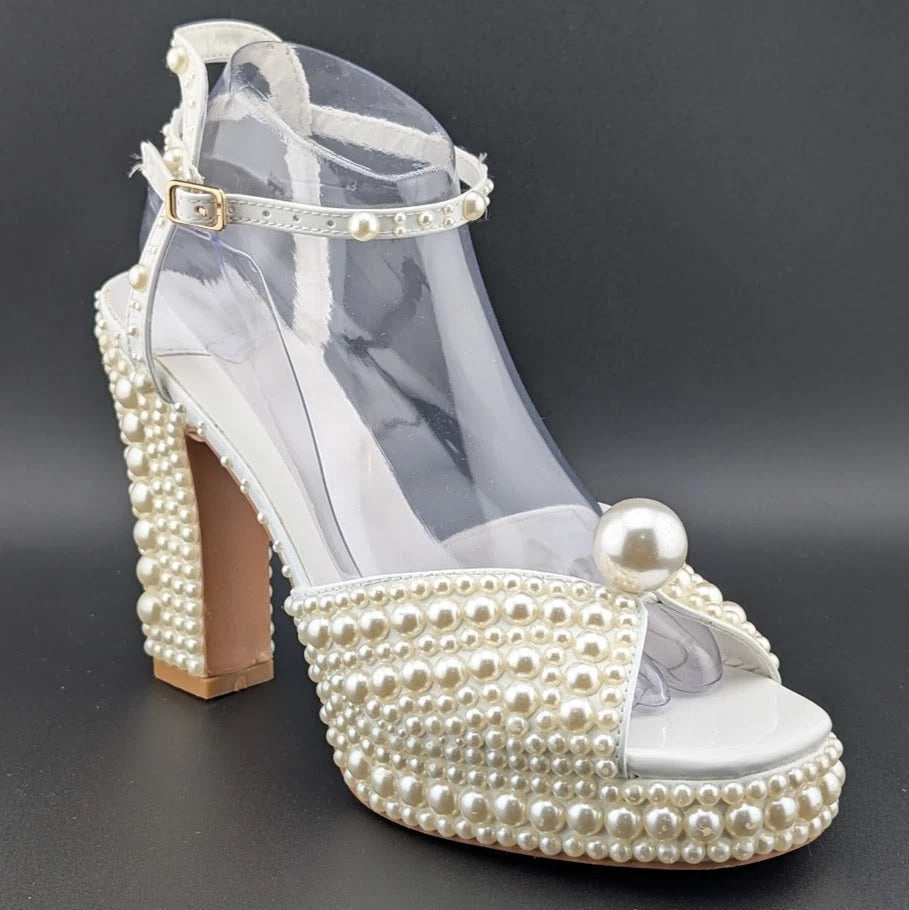 Womens EU 40 Open Toe Pearl Platform Heels Chunky Buckle Ankle (US 9-9.5) SoleComfort.shoes