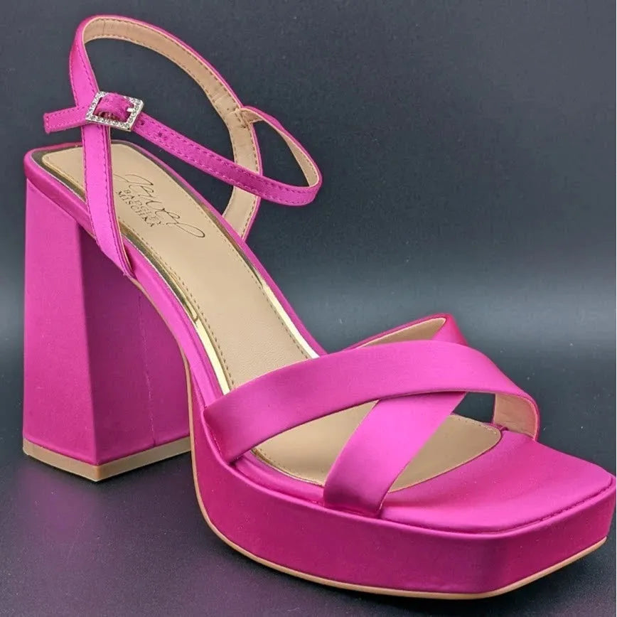 NEW | Jewel Badgley Mischka Sz 8 Rainbow Chunky Platforms Pink Satin JW4628 SoleComfort.shoes