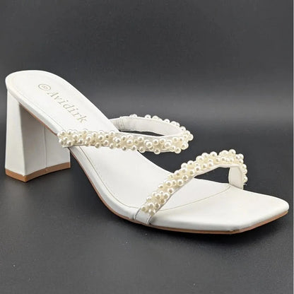 Womens Sz 8 Pearl Sandals Low Square Open Toe Block Chunky Heels Slip On Slides Avidirk